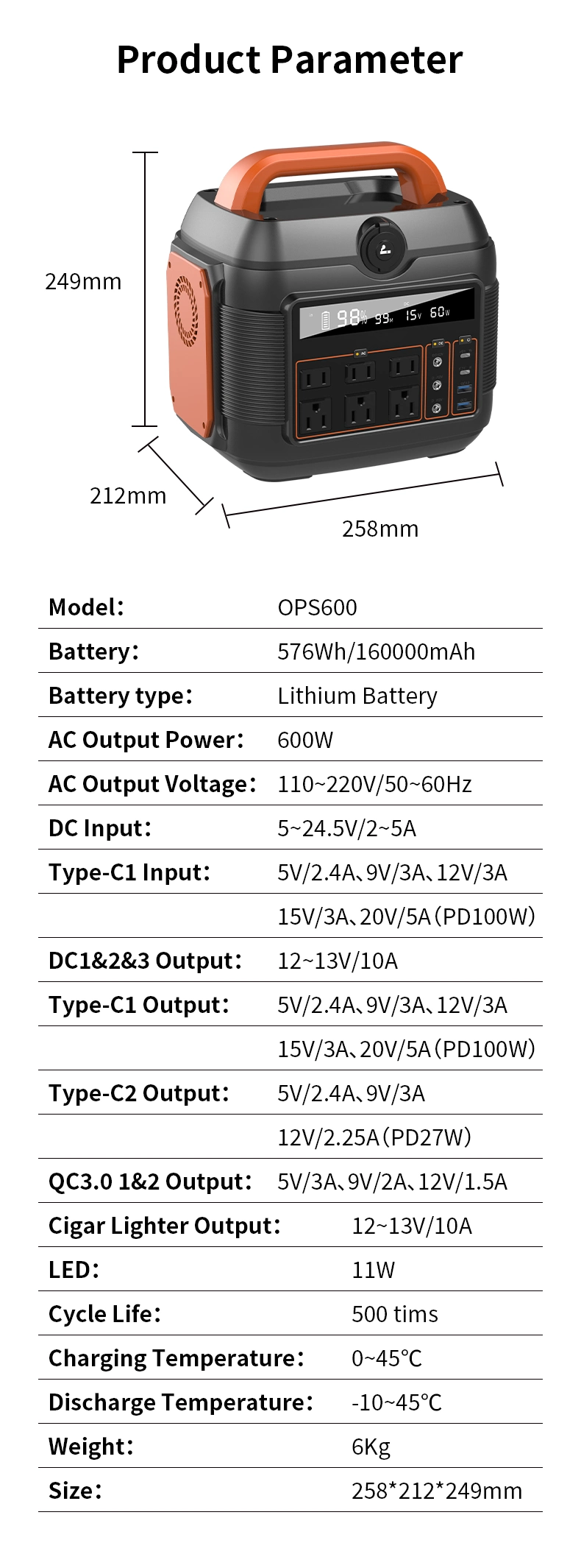 Portable Power Station 576wh/600W 1000W Backup Lithium Battery Pure Sine Wave AC Outlet