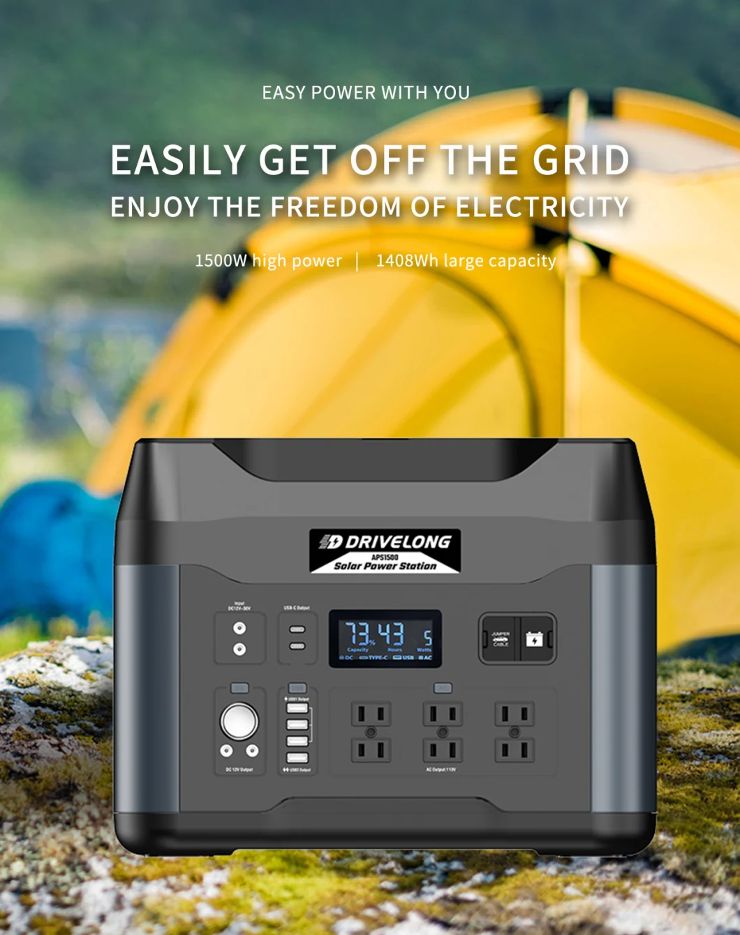 Portable Power Station Backup Lithium Battery 110V 220V 1500W Pure Sine Wave AC Outlet Solar Generator for Outdoors Camping